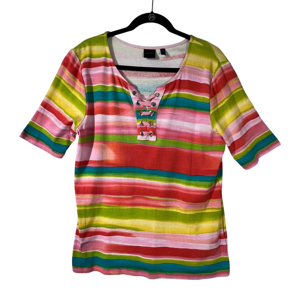 RAFAELLA Womens XL Multicolor Stripe Cotton Lace Up Grommet Short Sleeve Top